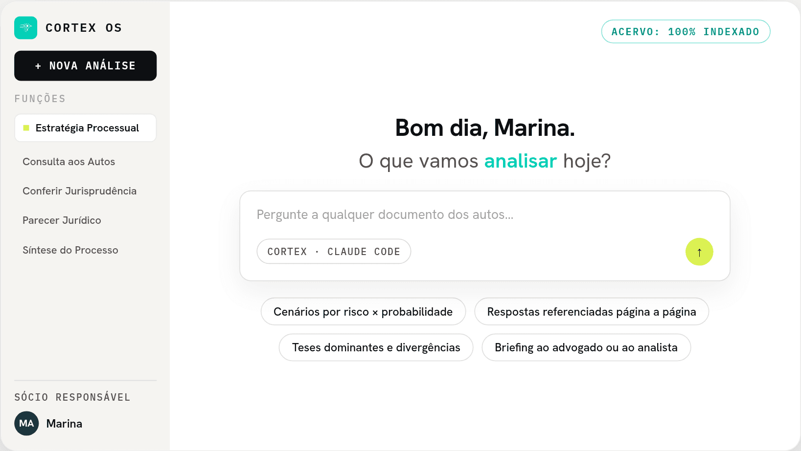 Mockup da tela inicial do Cortex OS, com usuária e conteúdo fictícios.